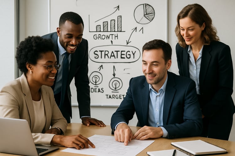 Business professionals collaborating on strategy